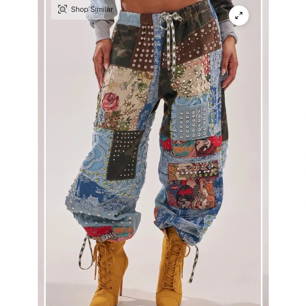 Akira Mixed Media Patchwork Studded Wide Leg Cargo Pants Multicolor NWT M - Picture 2 of 10